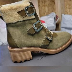 Women's Olive Suede Ankle Boots with Buckle Detail